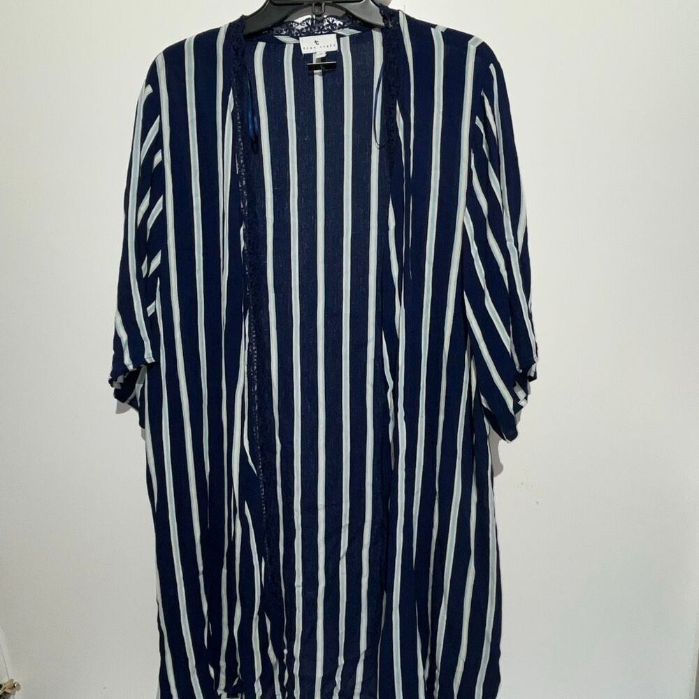 True Craft Women's Blue White Stripe Lace Trim Open‎ Front Cardigan Large NWT